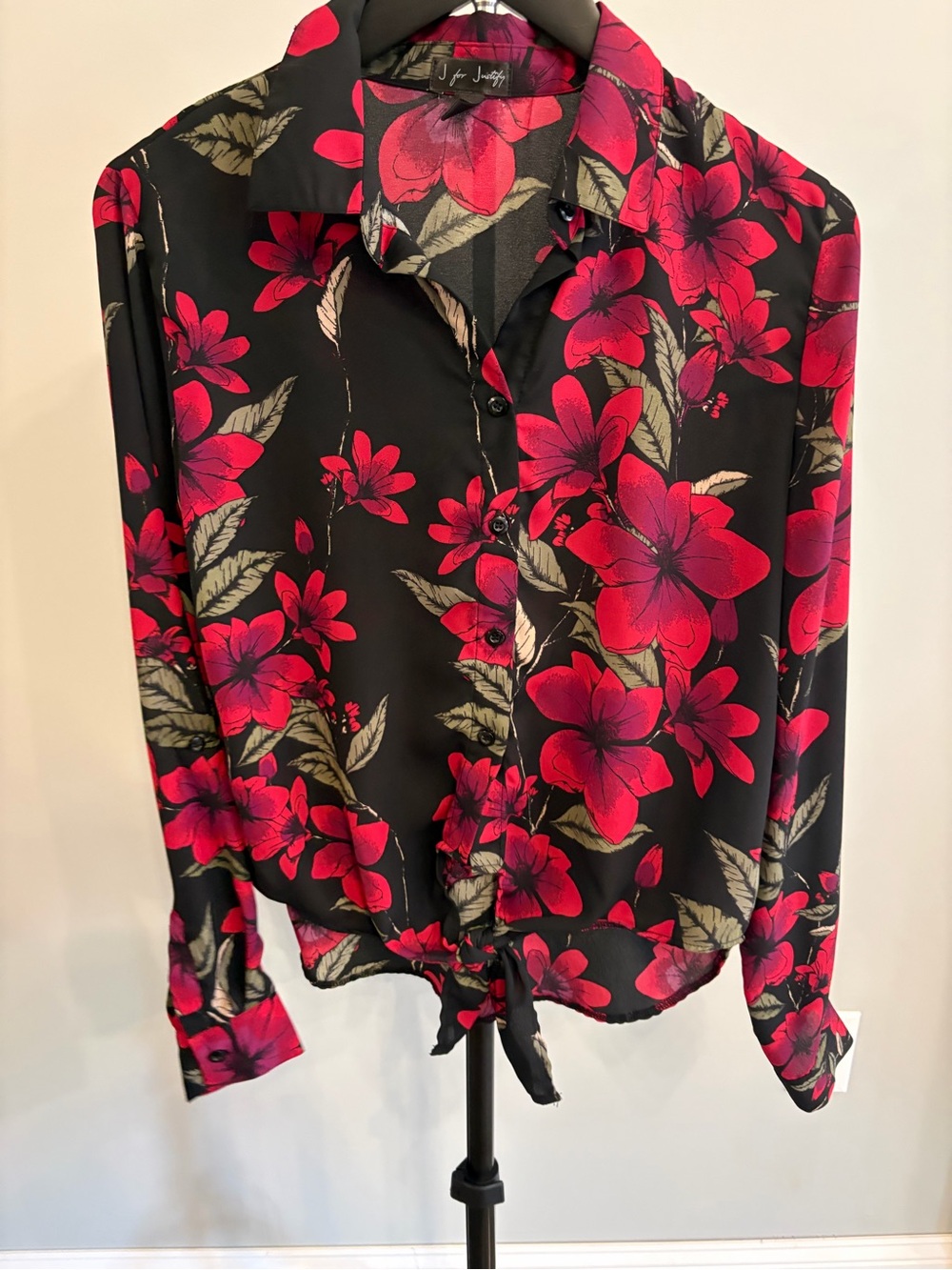 Justify Black Button-Front Blouse with Red Floral Print